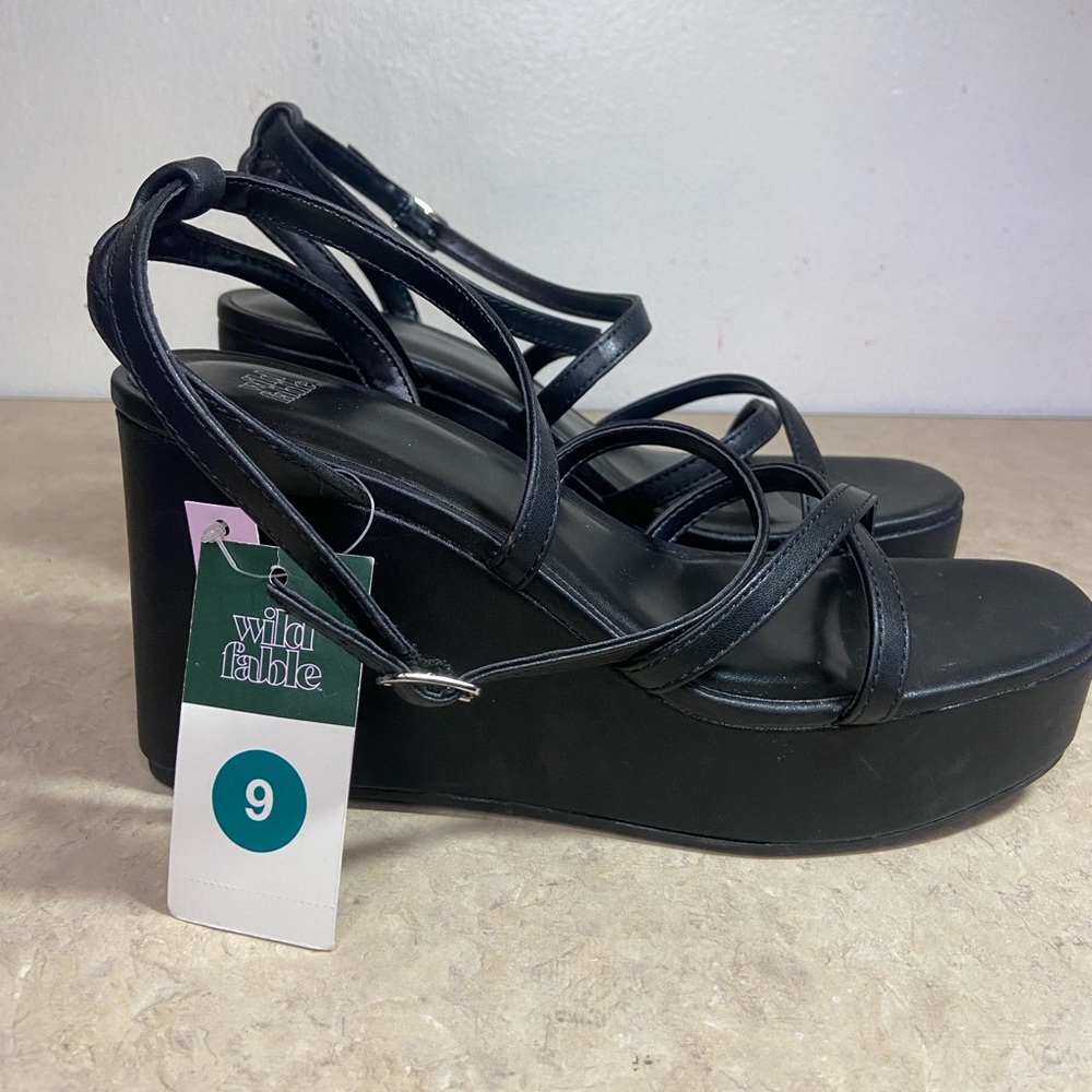 Wild Fable Ronnie Strappy Memory Foam Insole Platform Wedge Heels Black Size 9